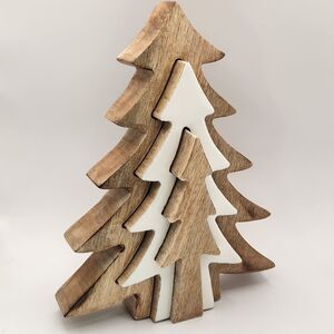 Mango Wood 3-Piece Nested Christmas Tree Set Natural Wood And White Enamel 10"